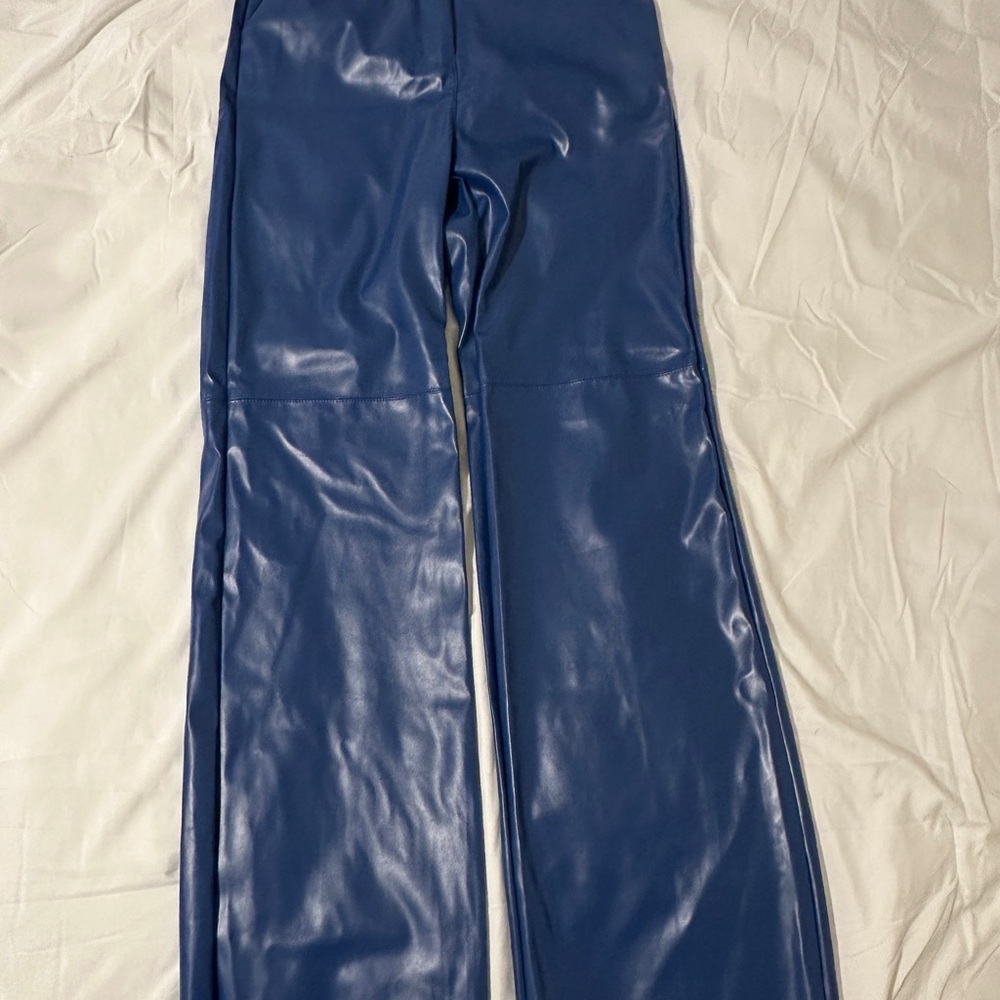 Blue Faux Leather Pants